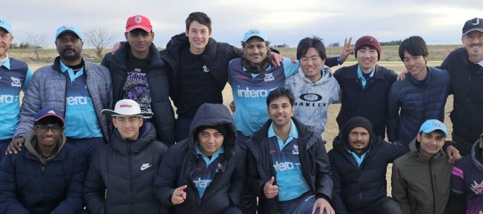 An assortment of the Sharks pose after a cold friendly game with the Tokyo Wombats